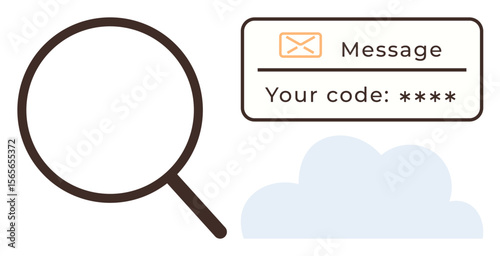 Magnifying glass, email verification message with code, and cloud. Ideal for security, identification, communication, authentication, privacy information access and technology themes. Simple flat