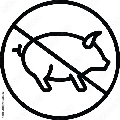 No pork line art icon, forbidden pig outline symbol for diet restriction
