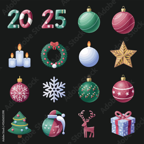 vector Happy New Year Celebrating 2025 in Latin letters , Christmas Decoration Items Santa Claus
