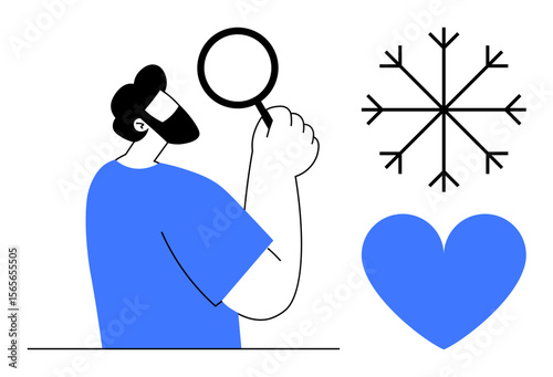 Man holding magnifying glass, observing nearby blue snowflake and heart shapes. Ideal for research, creativity, analysis, self-discovery, connection, emotion, winter-themed simple landing page