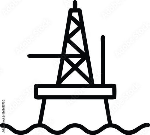 Oil rig icon with wave in outline style offshore platform
