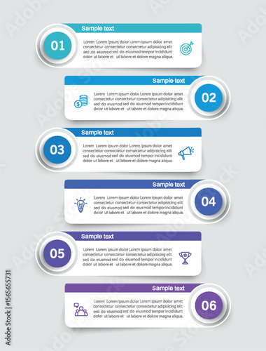 Business infographic design template with 6 options, steps or processes. Can be used for workflow layout, diagram, annual report, web design