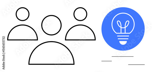 Three people outlined with minimal design accompanied by glowing bulb element. Ideal for teamwork, innovation, brainstorming, collaboration, problem-solving, group projects, simple landing page