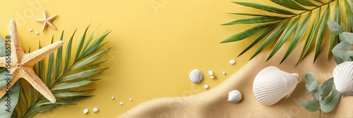 A yellow background with sand, starfish, and palm leaves. Copy space background for summer concept.