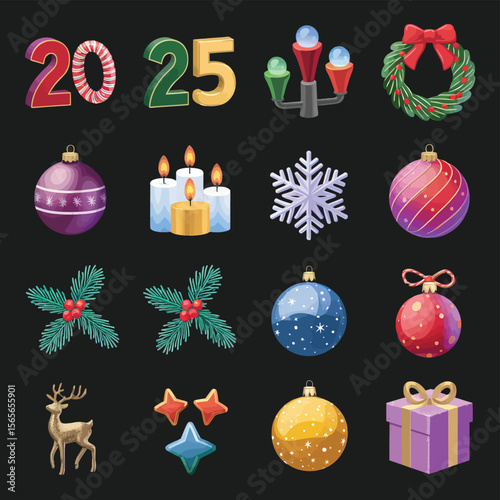 vector Happy New Year Celebrating 2025 in Latin letters , Christmas Decoration Items Santa Claus
