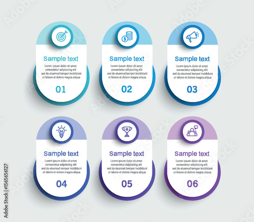 Business infographic design template with 6 options, steps or processes. Can be used for workflow layout, diagram, annual report, web design