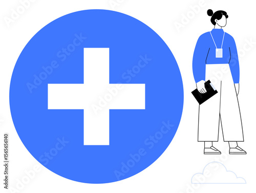 Female professional with clipboard standing near a large white cross on a blue circle. Ideal for health care, medical services, professional roles, safety, healthcare accessibility, organization
