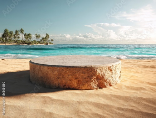 Round stone podium isolated on white sand, in summer beach background.