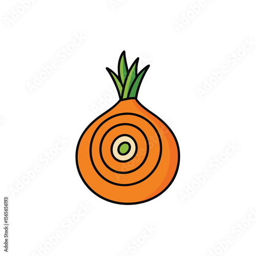 Cartoon onion sliced with rings and green sprout Vector illustration