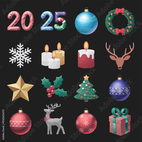 vector Happy New Year Celebrating 2025 in Latin letters , Christmas Decoration Items Santa Claus
