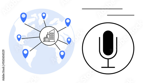 Map with global location markers connected to a diagram representing enterprise and technology indicates mic and speech lines, global cooperation.ideal for networking etc
