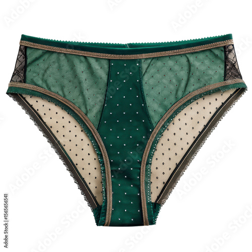 Elegant emerald green lingerie panty with gold trim and delicate lace detailing against a black background for a luxurious aesthetic