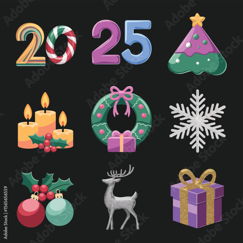 vector Happy New Year Celebrating 2025 in Latin letters , Christmas Decoration Items Santa Claus
