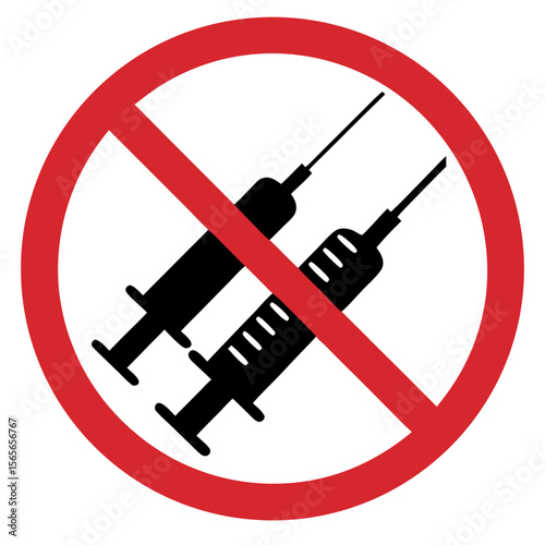 Syringes prohibited sign, warning symbol, red circle, safety concept