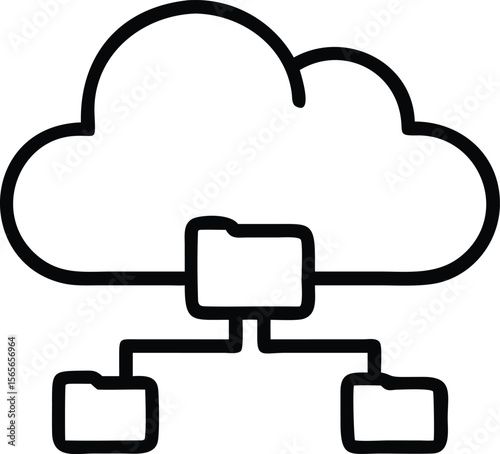 Outline cloud computing with folders connected, data storage network illustration