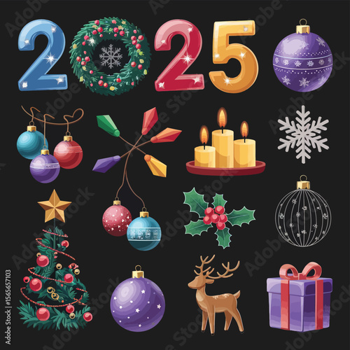 vector Happy New Year Celebrating 2025 in Latin letters , Christmas Decoration Items Santa Claus
