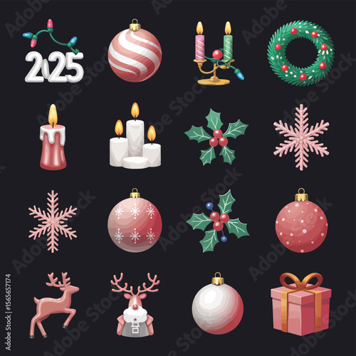 vector Happy New Year Celebrating 2025 in Latin letters , Christmas Decoration Items Santa Claus

