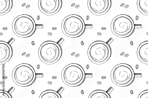 Hot drink cup sketch with coffee beans, Cup of coffee and coffee beans top view, black-white sign. Cappuccino in cup. Drinks Advertising for cafe menu, party, coffee shop flyer, beverage template.