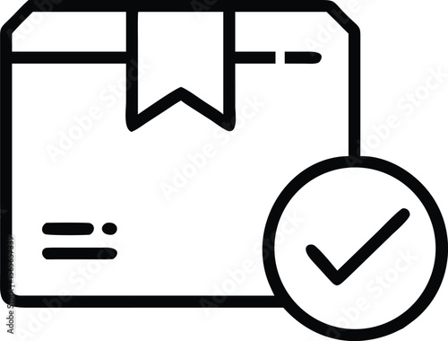 Outline drawing of delivered package, cardboard box, shipment with check mark,