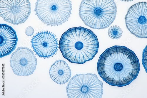 Microscopic image showcasing various blue, circular organisms with intricate radial patterns, resembling a mesmerizing underwater scene.