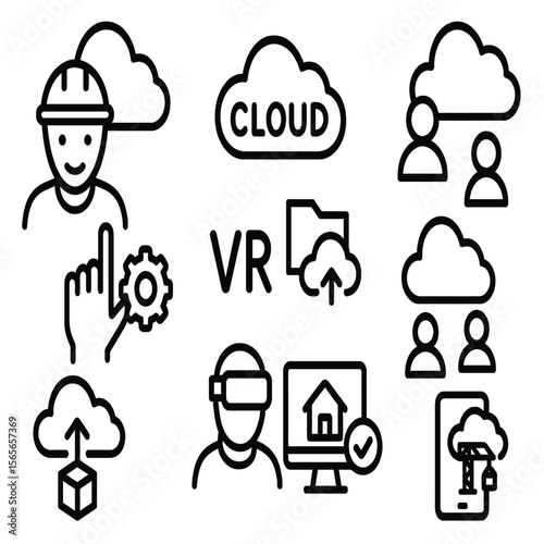 A collection of modern cloud computing and virtual reality icons, representing technology, data storage, and digital innovation in a clean, minimalist style.