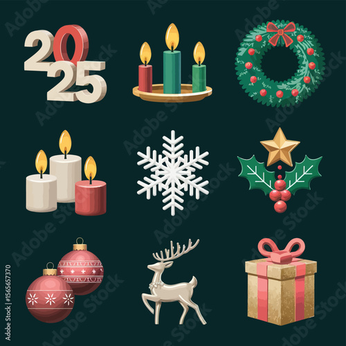 vector Happy New Year Celebrating 2025 in Latin letters , Christmas Decoration Items Santa Claus
