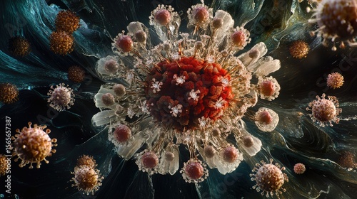 A strikling stylized visual of the HIV virus surrounded by antibodies