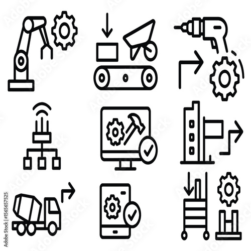 A set of black and white line icons depicting various aspects of industrial automation, including robotics, manufacturing processes, and technological integration, suitable for design.