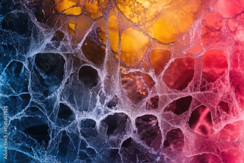 Intricate web-like structure with holes, vibrant blue, red, and orange hues.