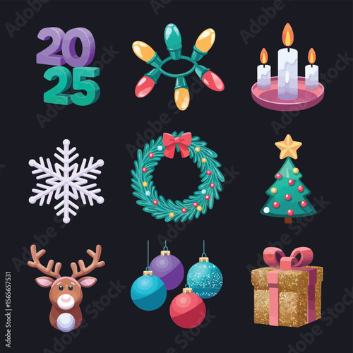 vector Happy New Year Celebrating 2025 in Latin letters , Christmas Decoration Items Santa Claus
