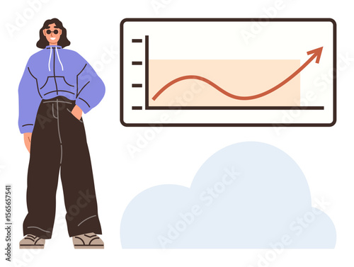 Trend line graph with growth arrow placed near individual in casual wear. Ideal for success, career growth, confidence, motivation, personal development, modern lifestyle, simple flat metaphor