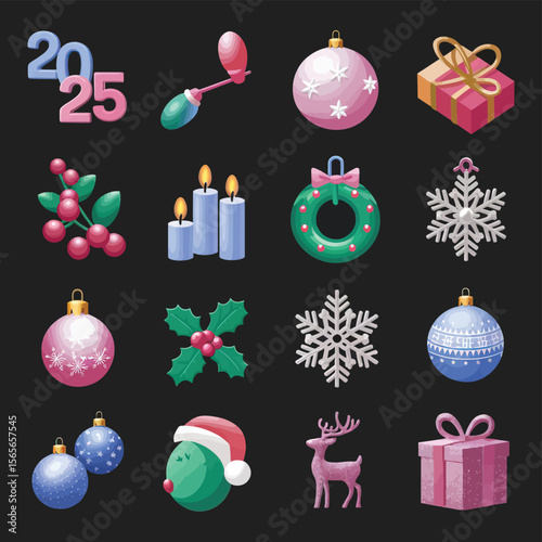 vector Happy New Year Celebrating 2025 in Latin letters , Christmas Decoration Items Santa Claus
