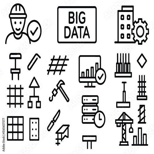 A comprehensive collection of black outline icons representing various aspects of construction, industrial engineering, and big data management.