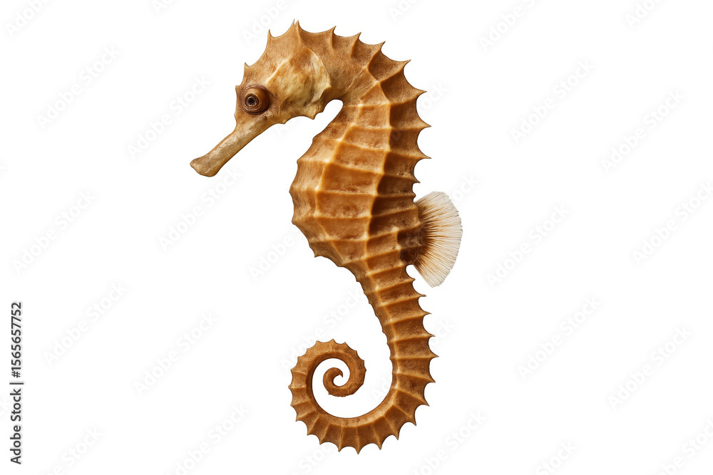 Fototapeta premium Delicate seahorse profile, revealing textured skin and curving silhouette against pristine transparent backdrop