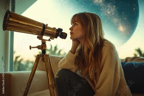 A young woman gazes through a brass telescope, mesmerized by a cosmic backdrop of stars and a planet.
