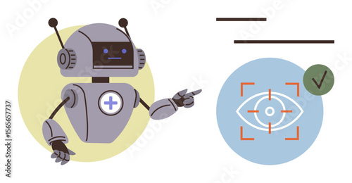 Robot with antenna arms pointing at stylized eye scan interface, validation tick next to biometric symbol. Ideal for AI, technology, security, biometrics, robotics, automation, future trends simple