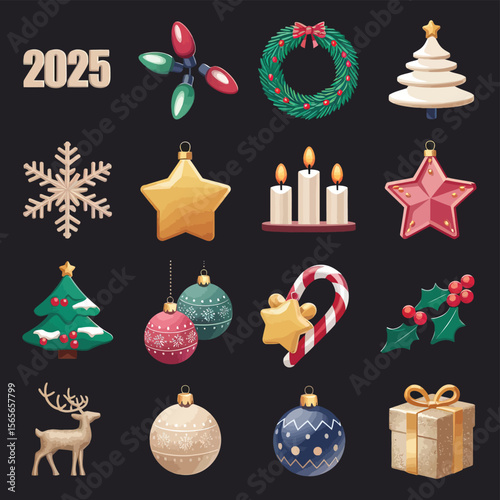 vector Happy New Year Celebrating 2025 in Latin letters , Christmas Decoration Items Santa Claus
