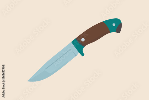 Flat Design Hunting Knife with Wooden and Teal Handle on Beige Background