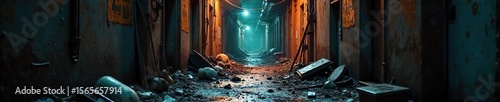 A grungy, dimly lit alleyway strewn with broken glass and discarded objects, suggesting recent violent criminal activity The scene evokes a sense of danger and lawlessness , night, urban blight