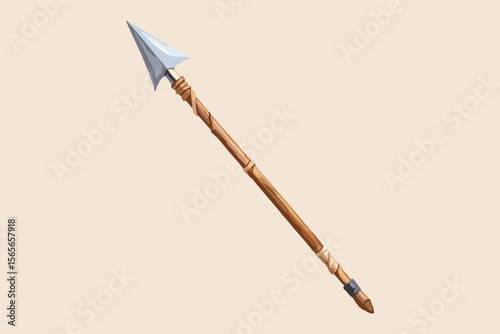 Primitive Wooden Spear with Stone Tip Vector Illustration on Beige Background