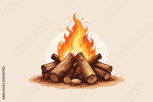 Campfire with Burning Logs Vector Illustration on Beige Background