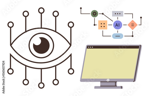Eye with connecting lines symbolizing technology, AI flowchart diagram, and computer screen. Ideal for AI innovation, machine learning, computer vision, technology, data processing, connectivity
