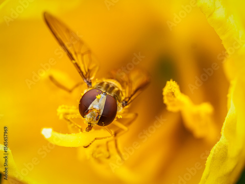Macro shot of hoverfly Pollinating Inside a Yellow Flower