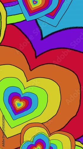 Animation of rainbow hearts over rainbow background
