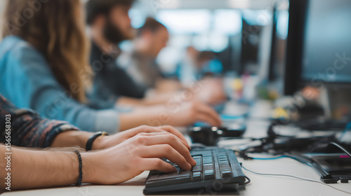 Team Collaboration and Software Development in a Modern Digital Workplace: Employees Engaged in Programming and Typing at a Computer Workstation in a Tech Industry Office