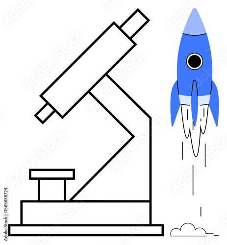 Microscope and blue rocket symbolize innovation and research. Ideal for science, education, progress, exploration, innovation, technology, future concepts. Simple flat metaphor