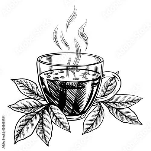 Hot cup of herbal tea with steam and leaves on a white background, white background, isolated