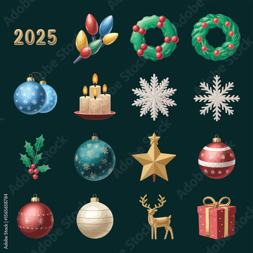vector Happy New Year Celebrating 2025 in Latin letters , Christmas Decoration Items Santa Claus
