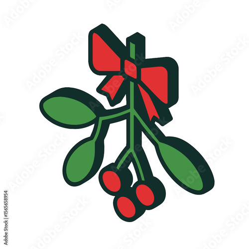 Mistletoe Isometric Icon, Matte Finish, Green and Red, Transparent Background