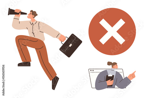 A man with a megaphone and briefcase running past a warning cross sign while a woman points urgently from a computer screen. Ideal for communication, disregard, warnings, digital safety, urgency
